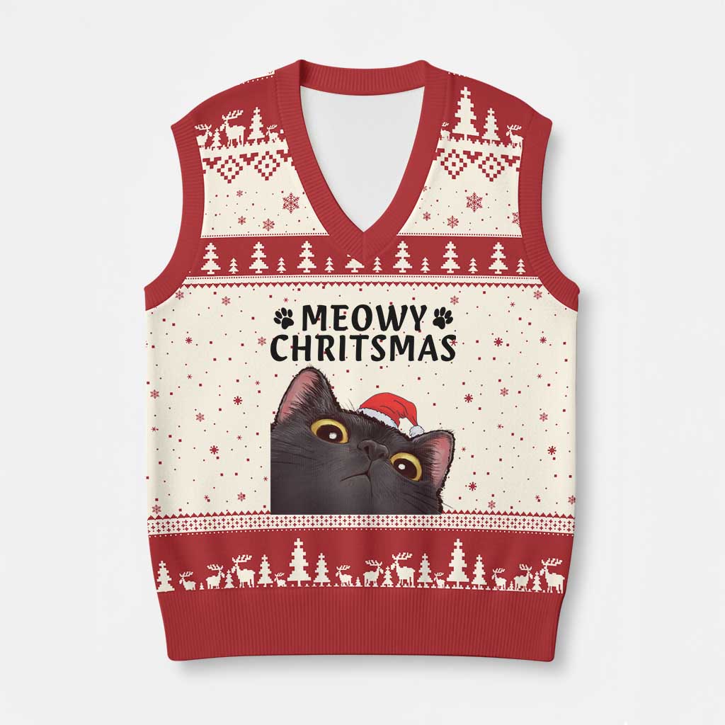 Funny Black Cat Xmas V-Neck Knit Sweater Vest Cute Kitty Xmas TS14 Beige Red Print Your Wear