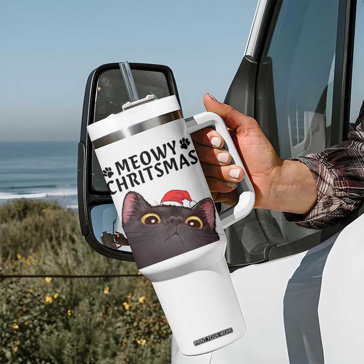 Funny Black Cat Christmas Tumbler With Handle Cute Kitty Xmas TS14 Print Your Wear