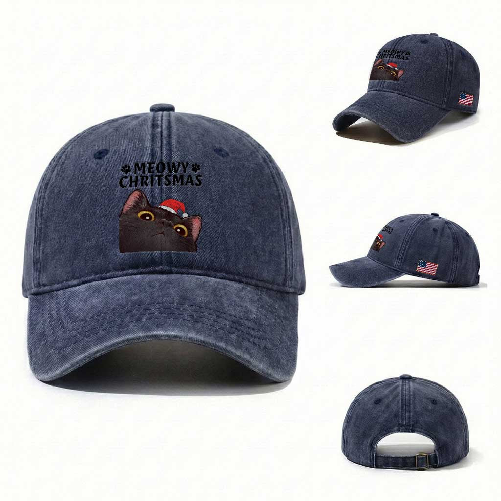 Funny Black Cat Christmas Washed Cotton Baseball Cap Cute Kitty Xmas TS14 Washed Cap Universal Fit Navy Print Your Wear