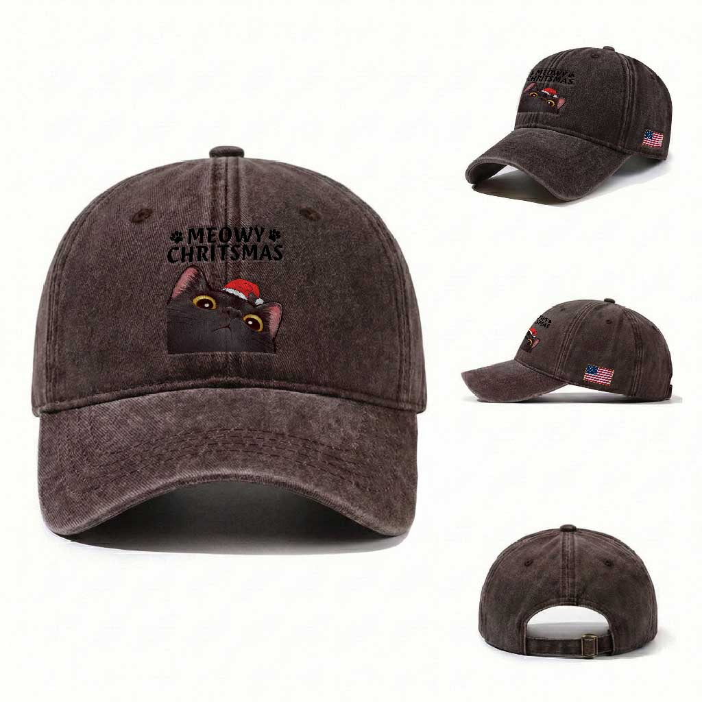 Funny Black Cat Christmas Washed Cotton Baseball Cap Cute Kitty Xmas TS14 Washed Cap Universal Fit Dark Brown Print Your Wear