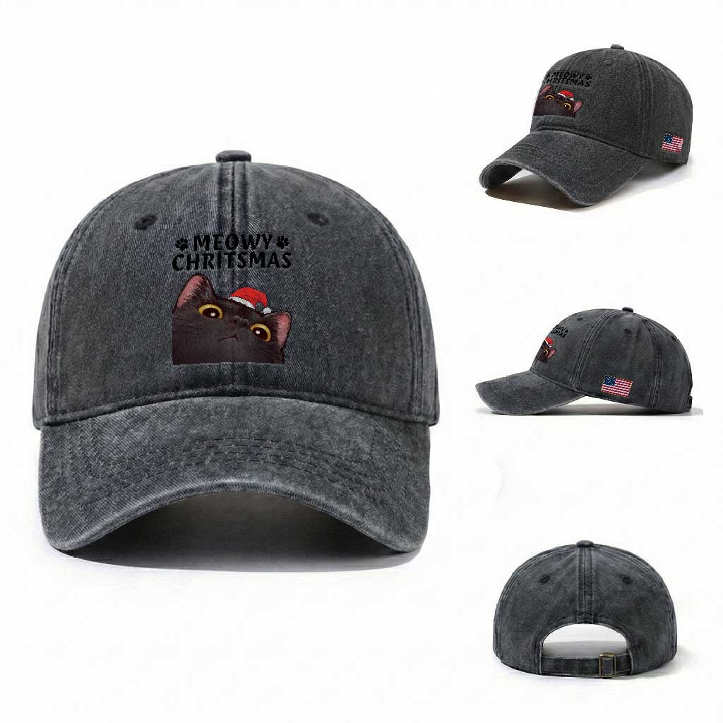 Funny Black Cat Christmas Washed Cotton Baseball Cap Cute Kitty Xmas TS14 Washed Cap Universal Fit Dark Gray Print Your Wear