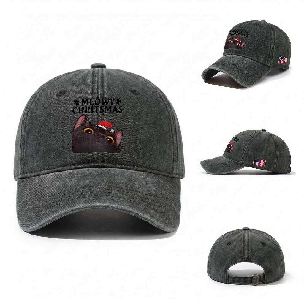 Funny Black Cat Christmas Washed Cotton Baseball Cap Cute Kitty Xmas TS14 Washed Cap Universal Fit Dark Green Print Your Wear