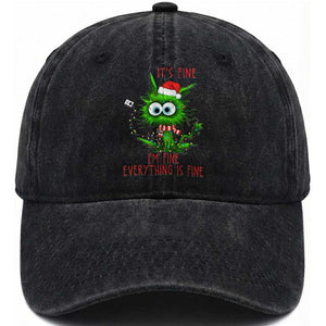 Funny Cat Green Christmas Washed Cotton Baseball Cap It Is Fine I Am Fine Everything Is Fine TS14 Washed Cap Universal Fit Black Print Your Wear