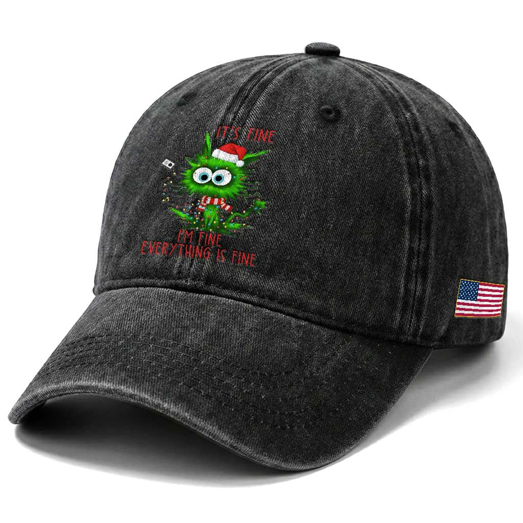 Funny Cat Green Christmas Washed Cotton Baseball Cap It Is Fine I Am Fine Everything Is Fine TS14 Print Your Wear