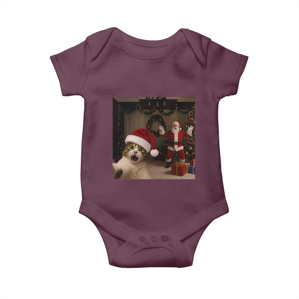 Funny Cat With Santa Selfie Christmas Baby Onesie TS14 Maroon Print Your Wear