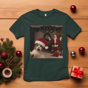 Funny Cat With Santa Selfie Christmas T Shirt TS14 Dark Forest Green Print Your Wear