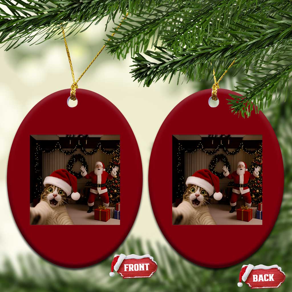 Funny Cat With Santa Selfie Christmas Ceramic Ornament TS14 Print Your Wear