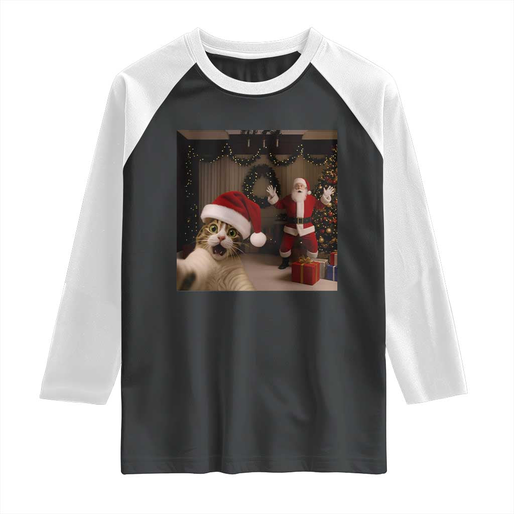 Funny Cat With Santa Selfie Christmas Raglan Shirt TS14 Black White Print Your Wear