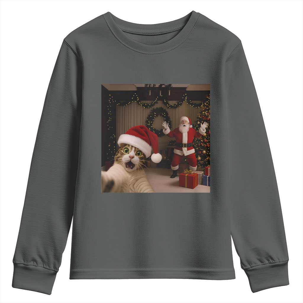 Funny Cat With Santa Selfie Christmas Youth Sweatshirt TS14 Dark Heather Print Your Wear