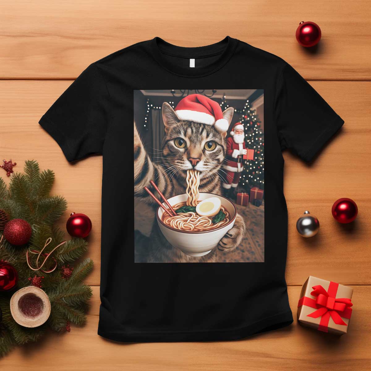 Funny Cat Ramen Selfie With Santa Christmas T Shirt TS14 Black Print Your Wear