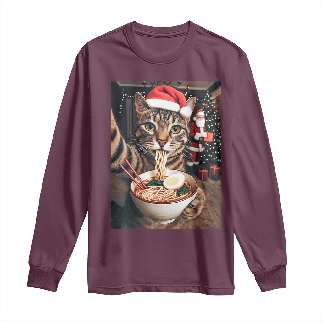 Funny Cat Ramen Selfie With Santa Christmas Long Sleeve Shirt TS14 Maroon Print Your Wear