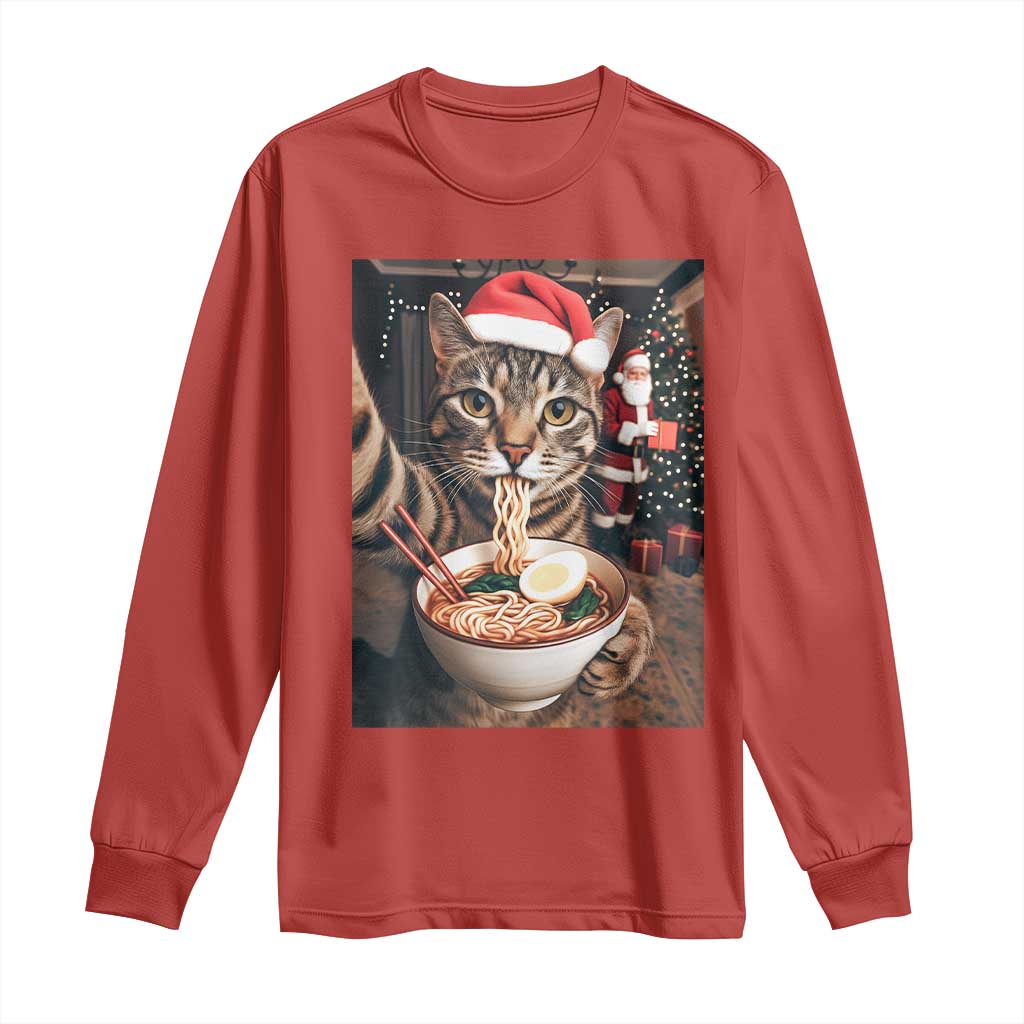 Funny Cat Ramen Selfie With Santa Christmas Long Sleeve Shirt TS14 Red Print Your Wear