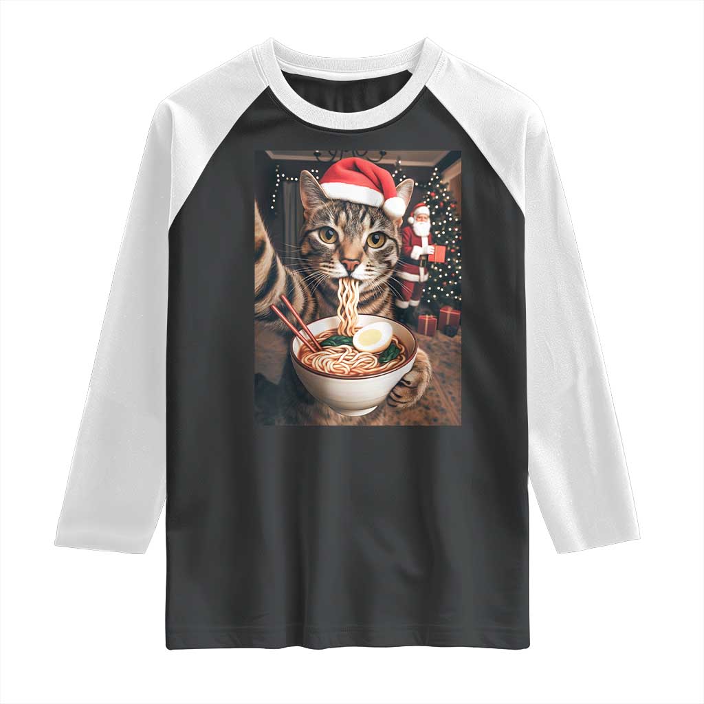 Funny Cat Ramen Selfie With Santa Christmas Raglan Shirt TS14 Black White Print Your Wear