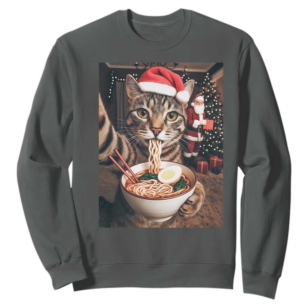 Funny Cat Ramen Selfie With Santa Christmas Sweatshirt TS14 Dark Heather Print Your Wear