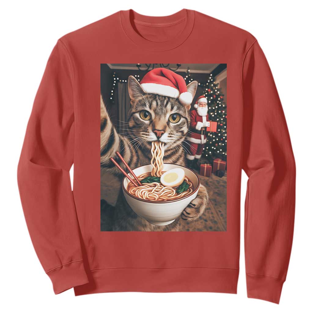 Funny Cat Ramen Selfie With Santa Christmas Sweatshirt TS14 Red Print Your Wear