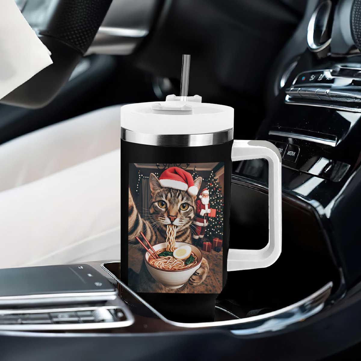 Funny Cat Ramen Selfie With Santa Christmas Tumbler With Handle TS14 Print Your Wear