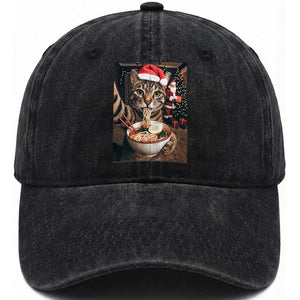 Funny Cat Ramen Selfie With Santa Christmas Washed Cotton Baseball Cap TS14 Washed Cap Universal Fit Black Print Your Wear