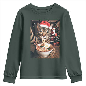 Funny Cat Ramen Selfie With Santa Christmas Youth Sweatshirt TS14 Dark Forest Green Print Your Wear