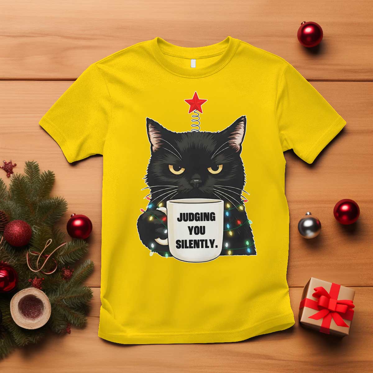 Funny Black Cat Christmas T Shirt Judging You Silently TS14 Daisy Print Your Wear