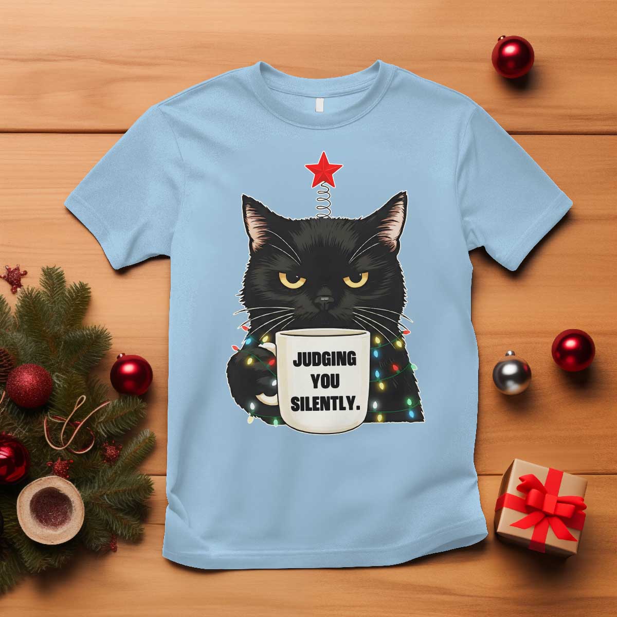 Funny Black Cat Christmas T Shirt Judging You Silently TS14 Light Blue Print Your Wear