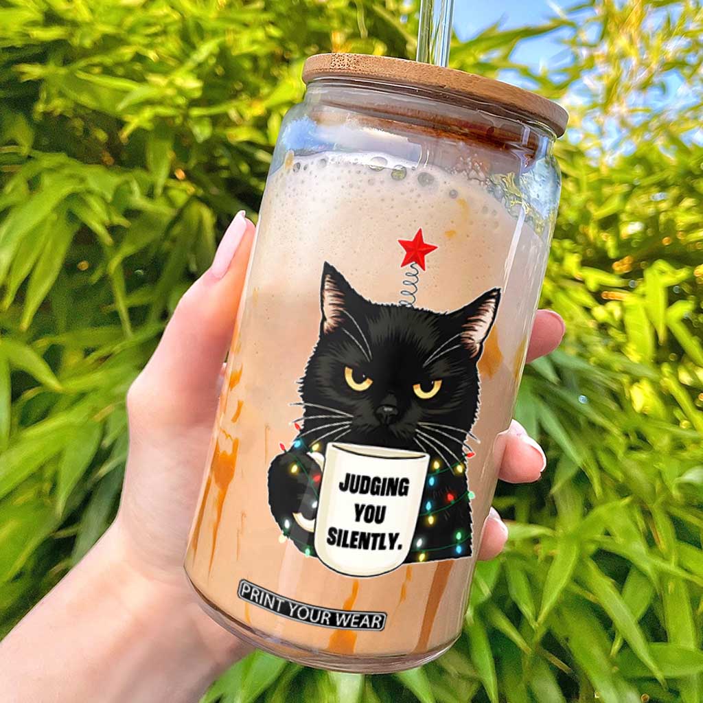 Funny Black Cat Christmas Glass Can Judging You Silently TS14 White Print Your Wear