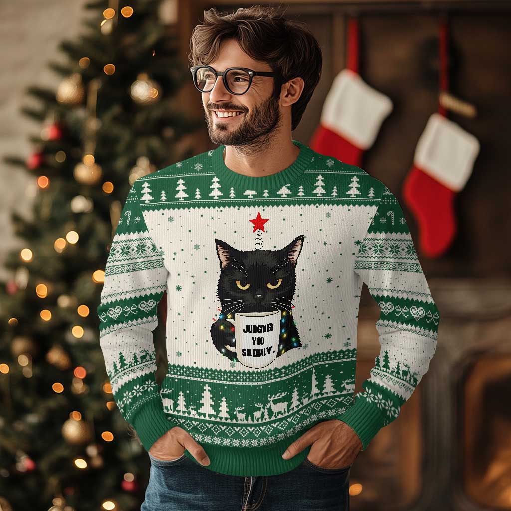 Funny Black Cat Xmas Ugly Christmas Sweater Judging You Silently TS14 Beige Green Print Your Wear