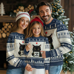 Funny Black Cat Xmas Ugly Christmas Sweater Judging You Silently TS14 Beige Navy Print Your Wear