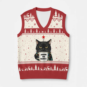 Funny Black Cat Xmas V-Neck Knit Sweater Vest Judging You Silently TS14 Beige Red Print Your Wear