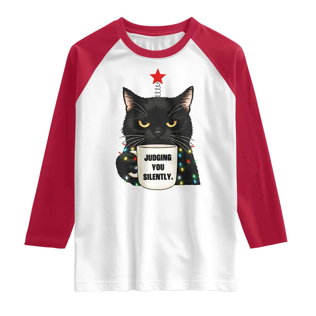 Funny Black Cat Christmas Raglan Shirt Judging You Silently TS14 White Red Print Your Wear