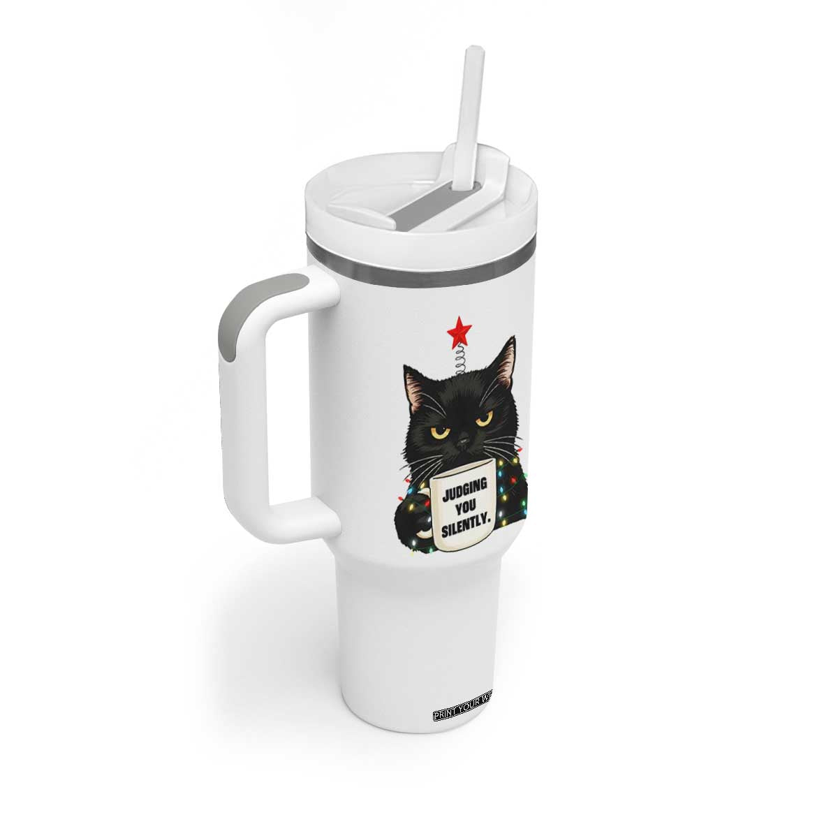 Funny Black Cat Christmas Tumbler With Handle Judging You Silently TS14 Print Your Wear