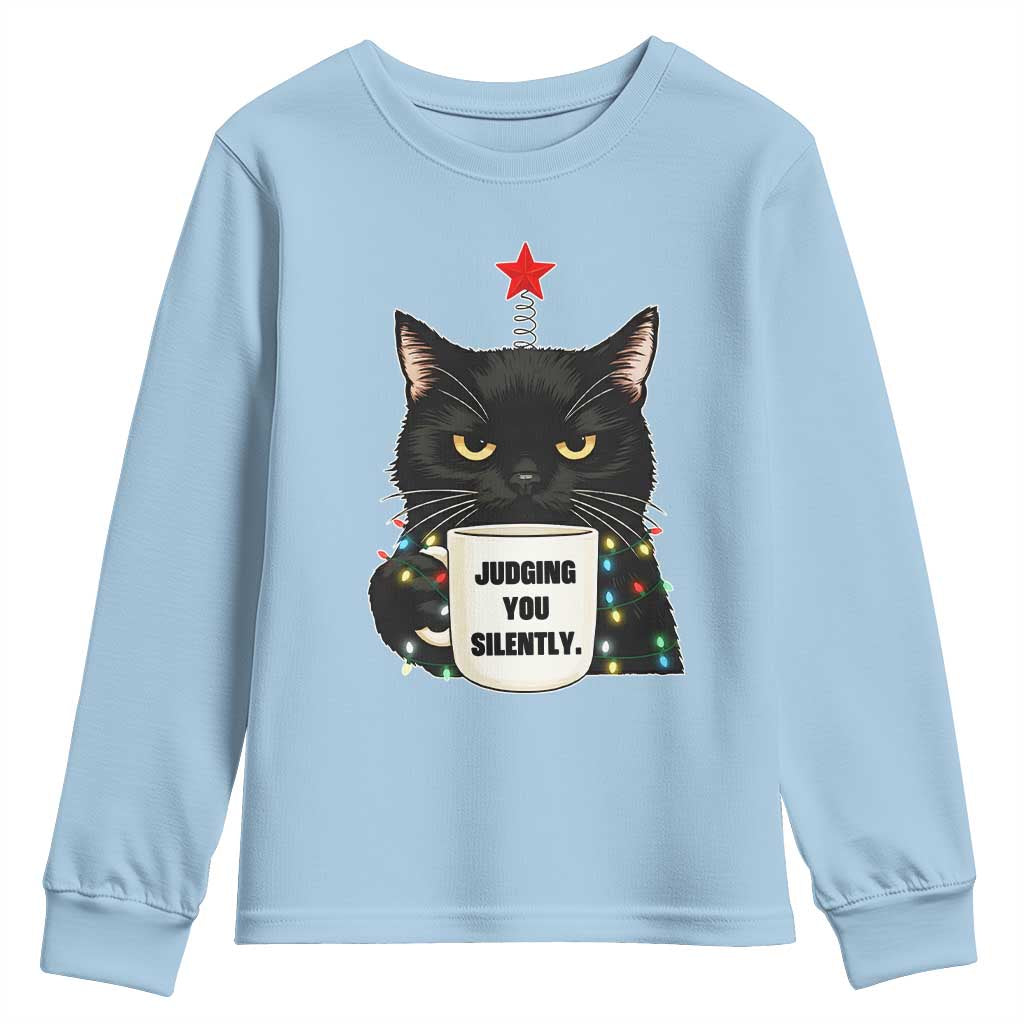 Funny Black Cat Christmas Youth Sweatshirt Judging You Silently TS14 Light Blue Print Your Wear