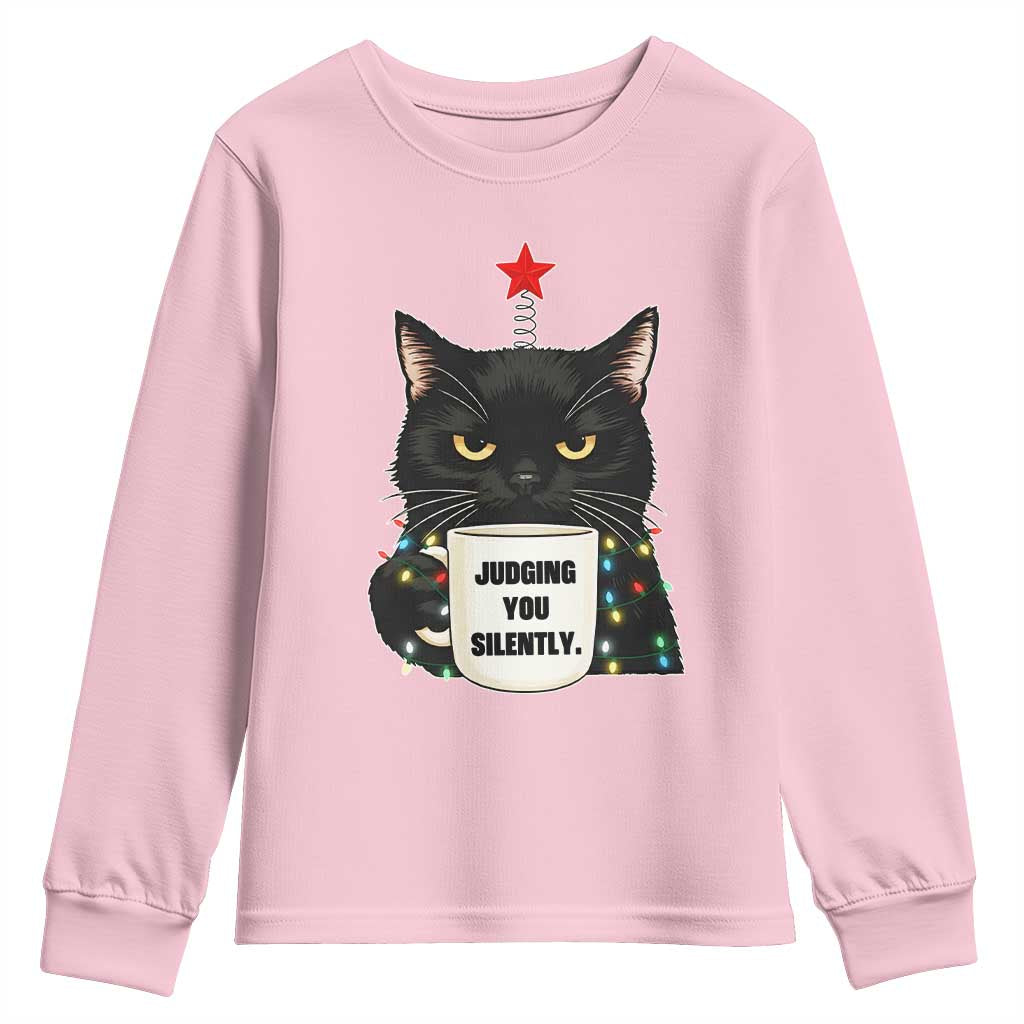 Funny Black Cat Christmas Youth Sweatshirt Judging You Silently TS14 Light Pink Print Your Wear