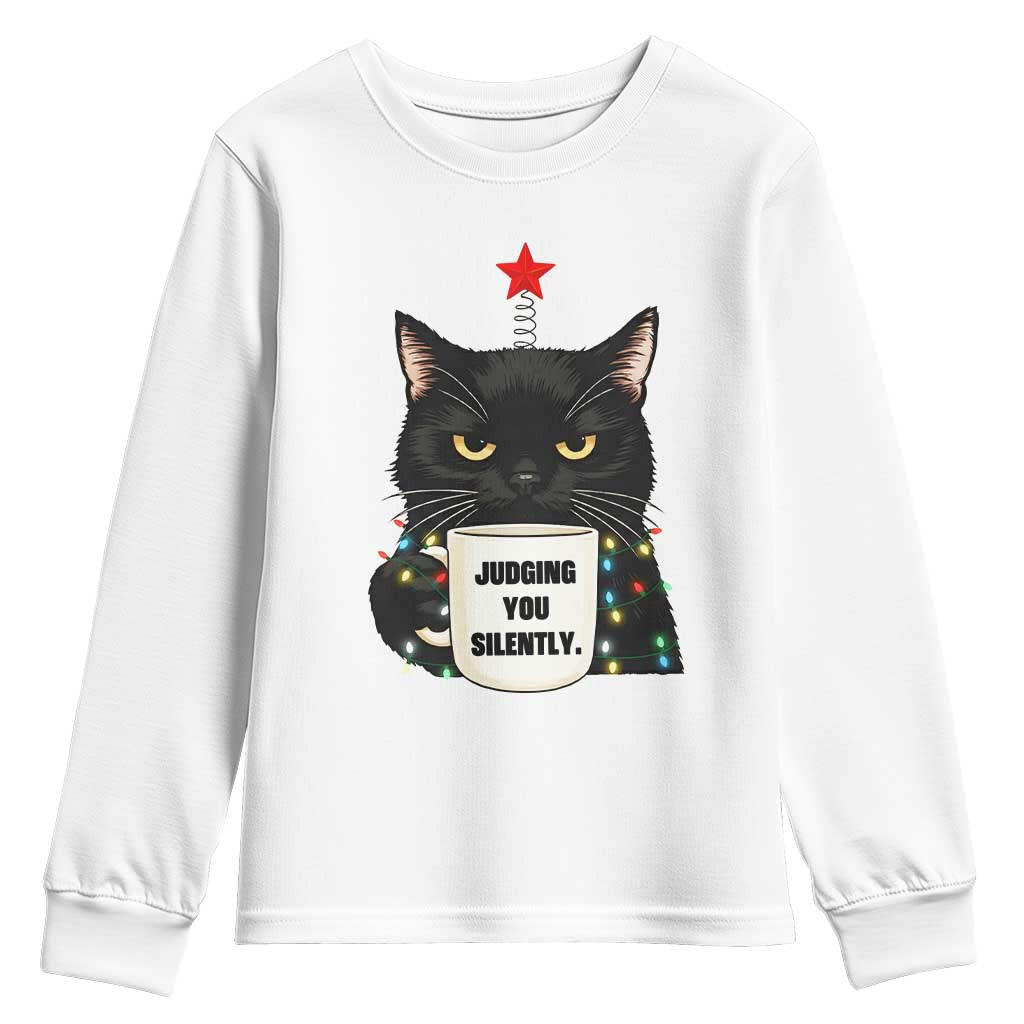 Funny Black Cat Christmas Youth Sweatshirt Judging You Silently TS14 White Print Your Wear