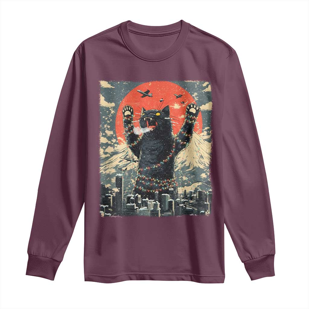 Japanese Cat Christmas Long Sleeve Shirt Funny Kitten Kitty Cat Lover TS14 Maroon Print Your Wear