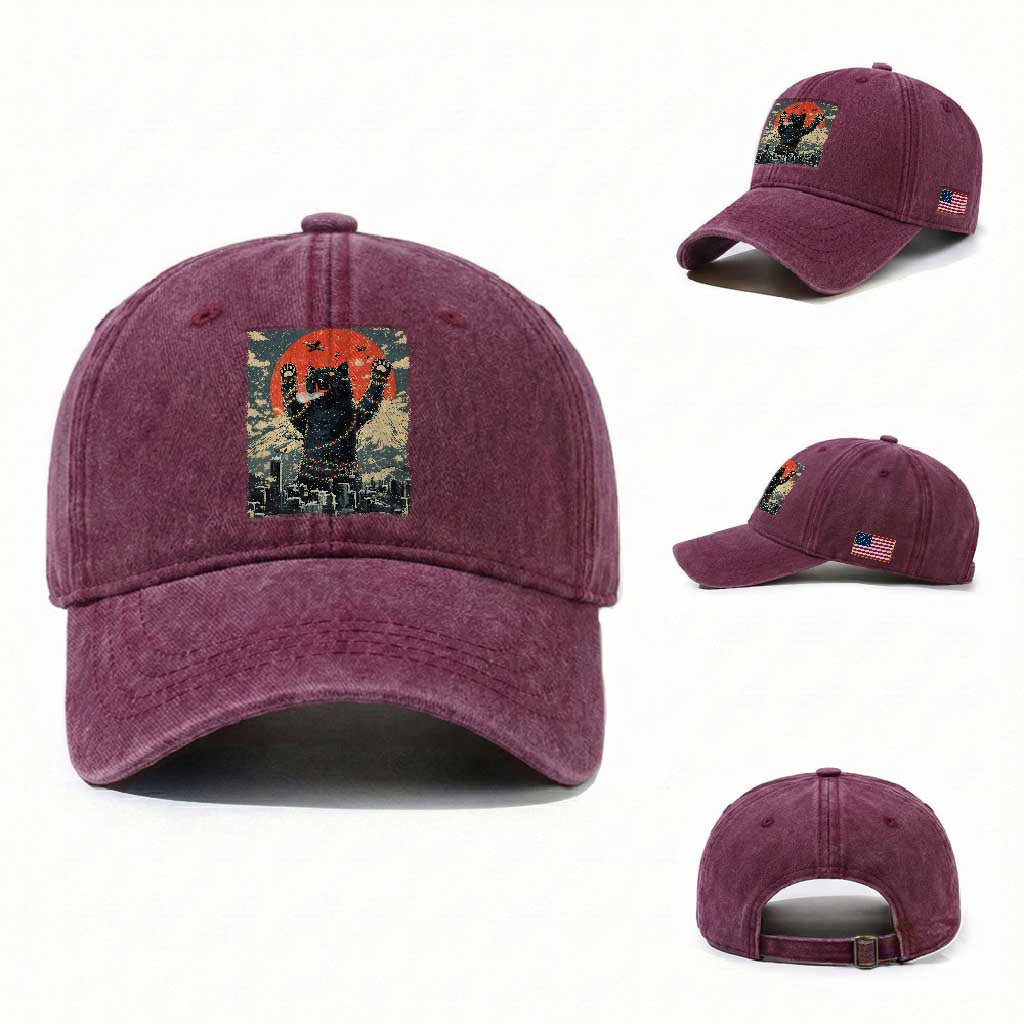 Japanese Cat Christmas Washed Cotton Baseball Cap Funny Kitten Kitty Cat Lover TS14 Washed Cap Universal Fit Burgundy Print Your Wear