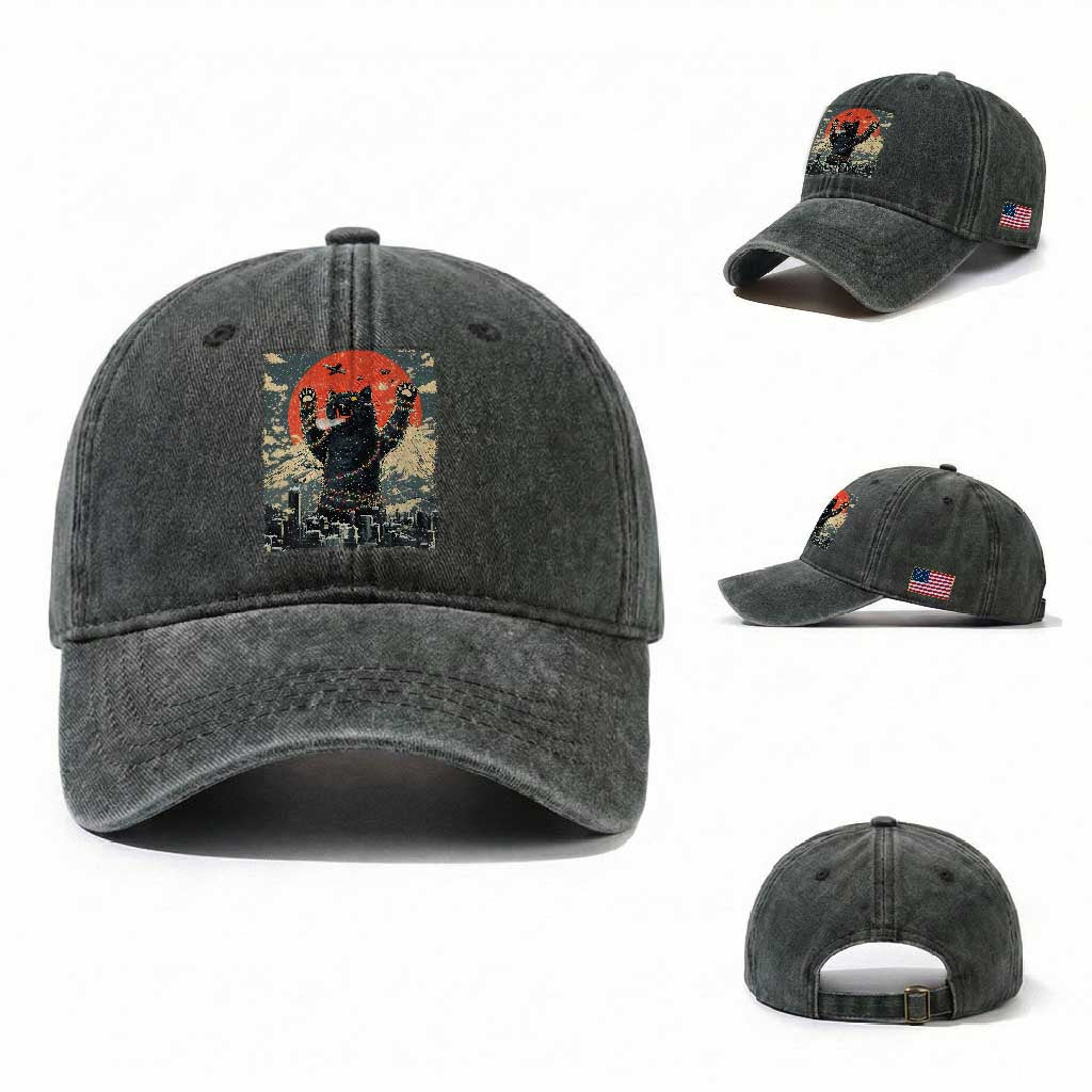Japanese Cat Christmas Washed Cotton Baseball Cap Funny Kitten Kitty Cat Lover TS14 Washed Cap Universal Fit Dark Green Print Your Wear