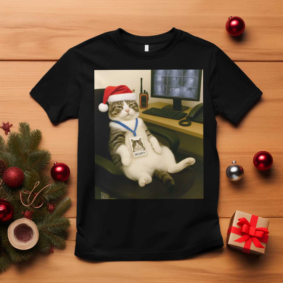 Funny Cat Christmas T Shirt Night Time Security Guard TS14 Black Print Your Wear