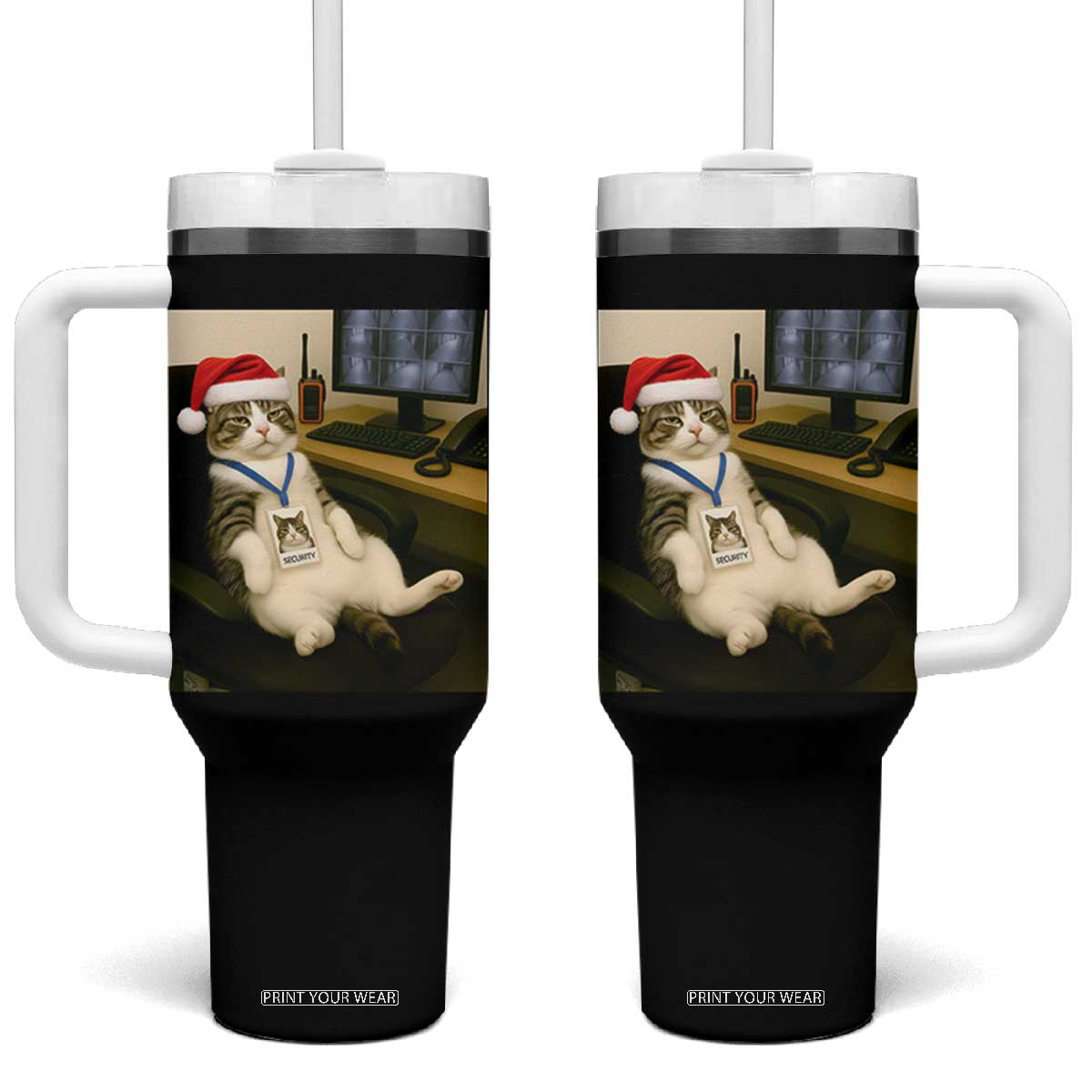 Funny Cat Christmas Tumbler With Handle Night Time Security Guard TS14 One Size: 40 oz Black Print Your Wear