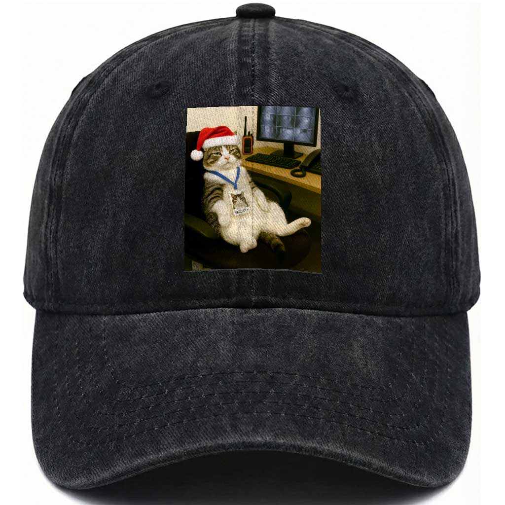 Funny Cat Christmas Washed Cotton Baseball Cap Night Time Security Guard TS14 Washed Cap Universal Fit Black Print Your Wear