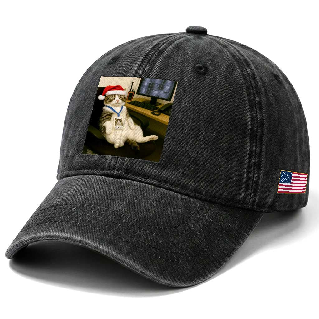 Funny Cat Christmas Washed Cotton Baseball Cap Night Time Security Guard TS14 Print Your Wear