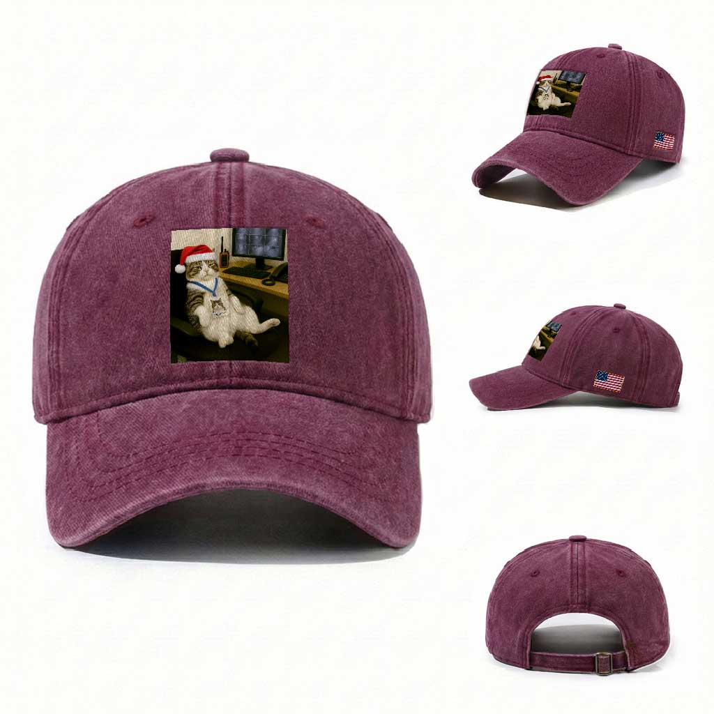 Funny Cat Christmas Washed Cotton Baseball Cap Night Time Security Guard TS14 Washed Cap Universal Fit Burgundy Print Your Wear