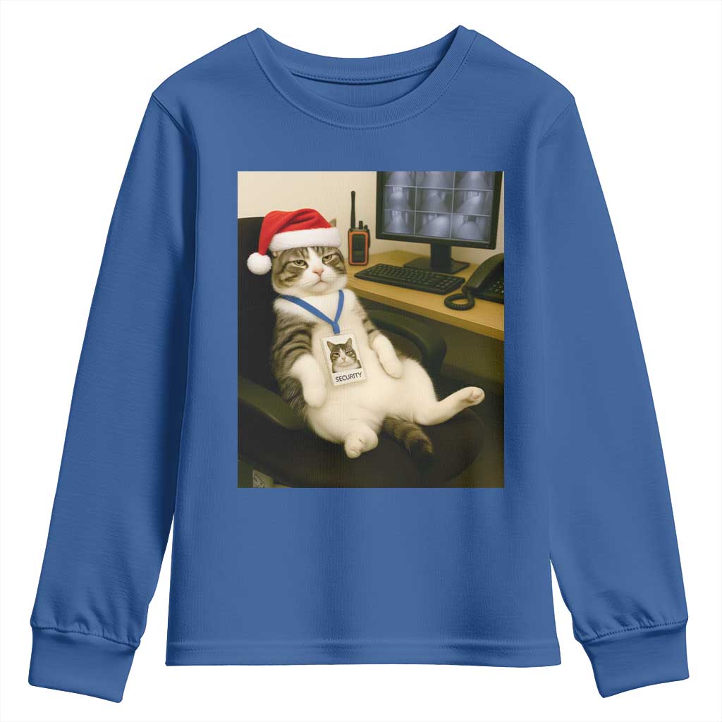 Funny Cat Christmas Youth Sweatshirt Night Time Security Guard TS14 Royal Blue Print Your Wear