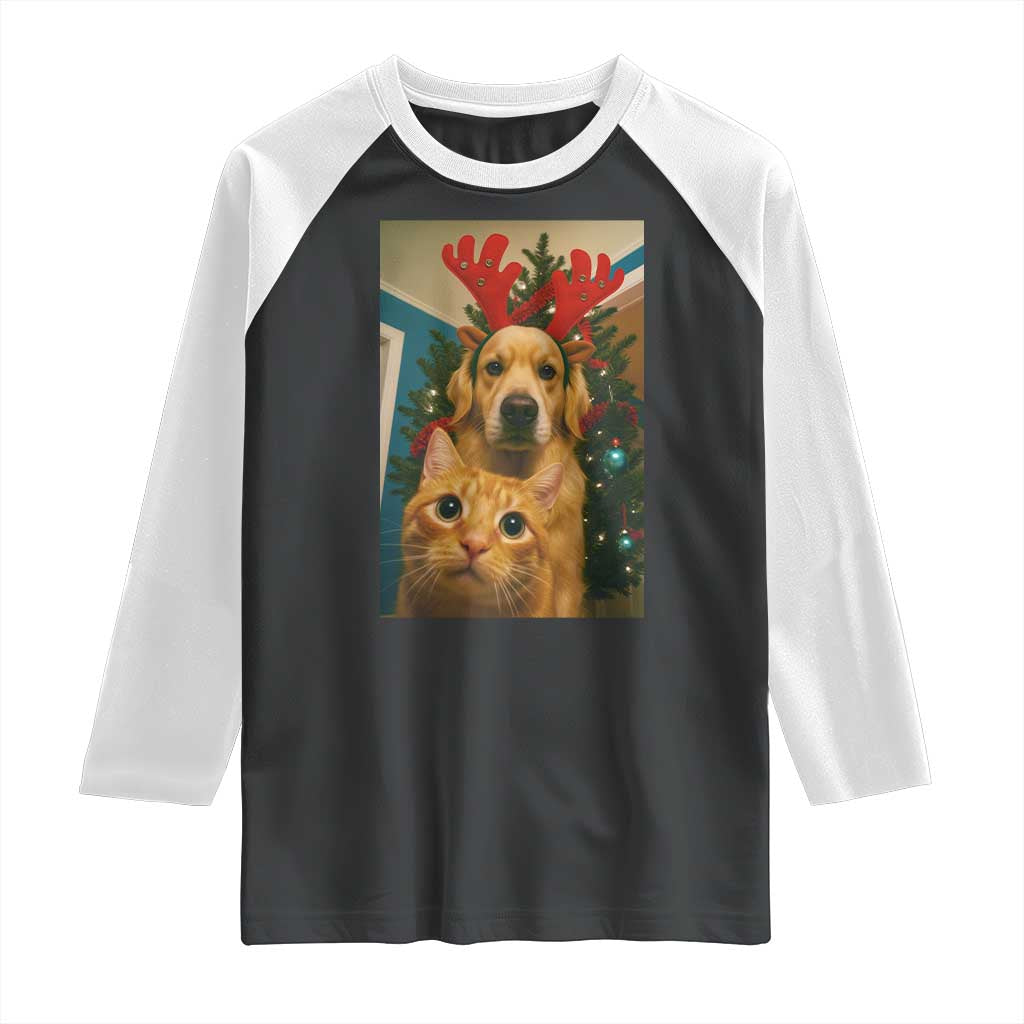 Funny Cat With Dog Selfie Christmas Raglan Shirt Pet Lover Xmas Gift TS14 Black White Print Your Wear