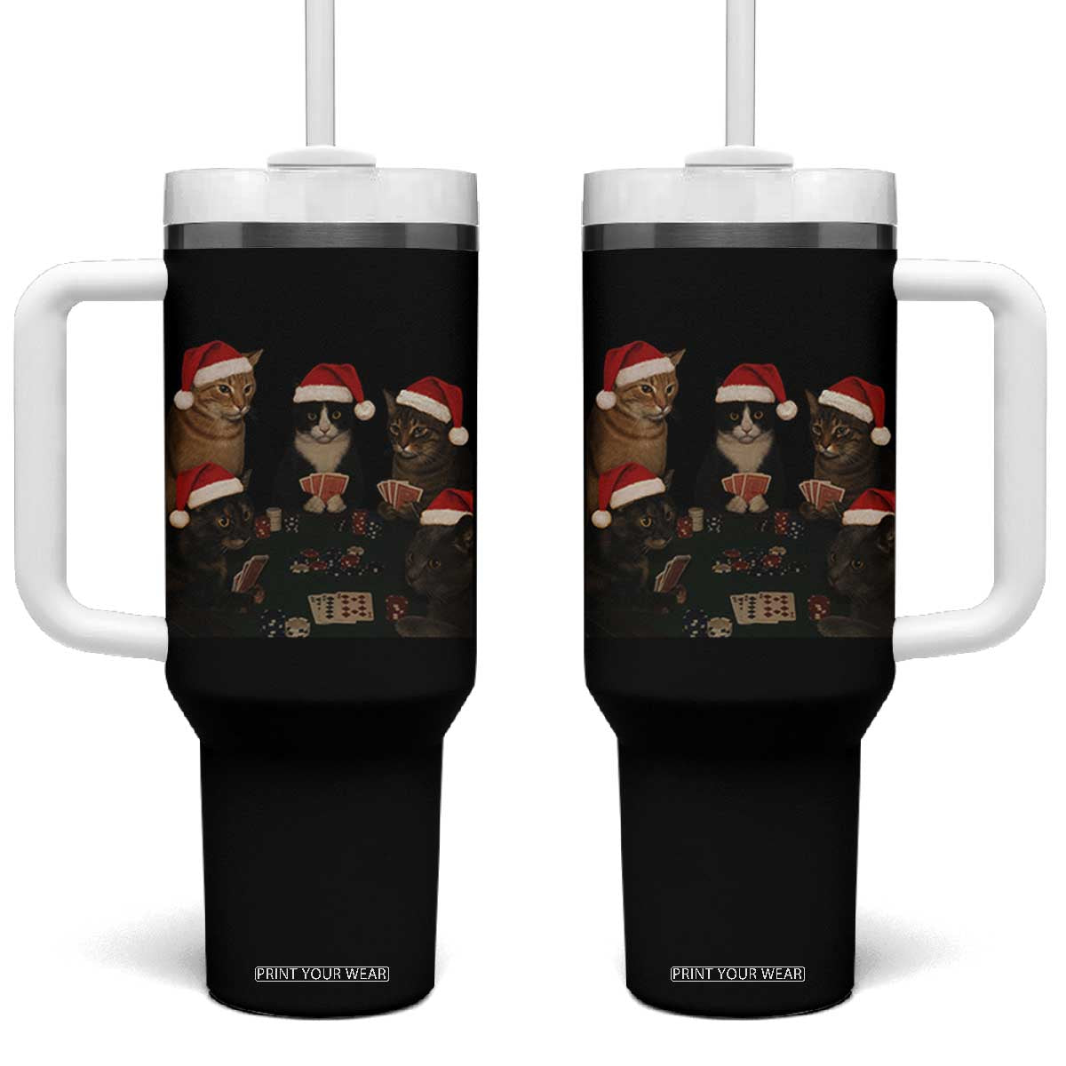 Poker Cats Christmas Meme Shirt Tumbler With Handle Funny Gambling Cat TS14 One Size: 40 oz Black Print Your Wear