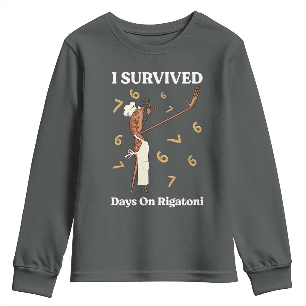 Marcus The Worm Meme Youth Sweatshirt I Survived 67 Days On Rigatoni TS14 Dark Heather Print Your Wear