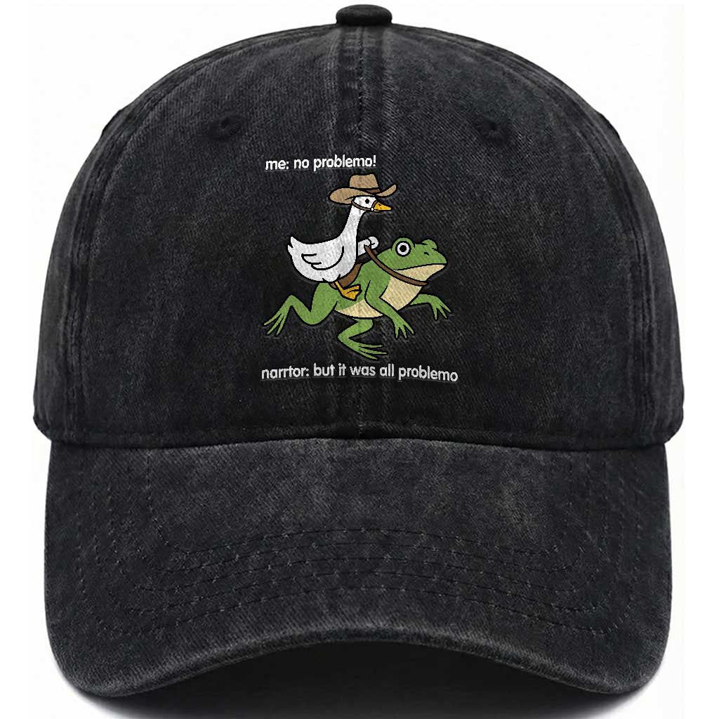 Cowboy Goose Meme Washed Cotton Baseball Cap Funny Frog Me No Problemo Narrator TS14 Washed Cap Universal Fit Black Print Your Wear