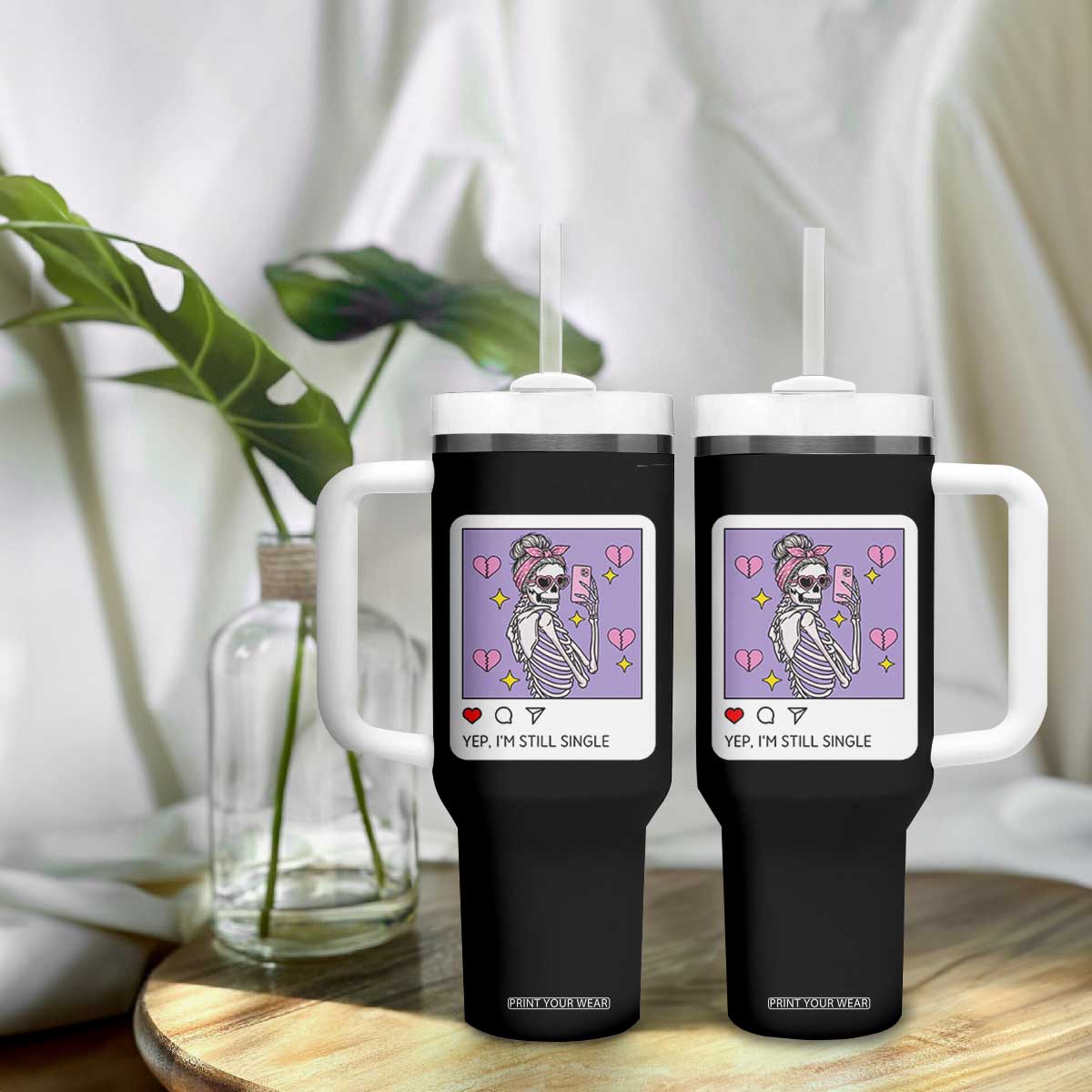 Anti Valentine Tumbler With Handle Funny Skeleton Selfie Meme TS14 Print Your Wear