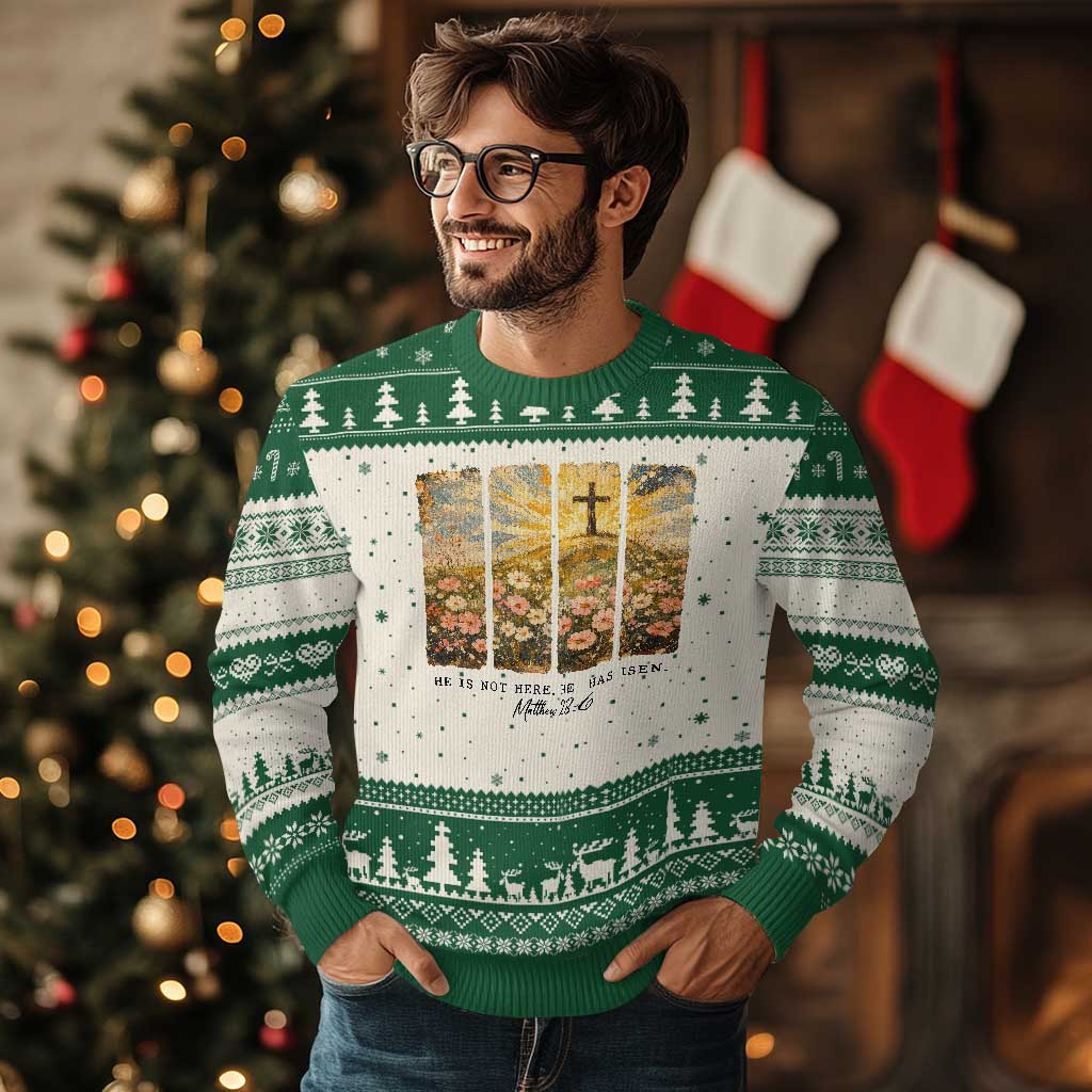 He Is Not Here He Is Risen Ugly Christmas Sweater Christian Easter Bible Verse TS14 Beige Green Print Your Wear
