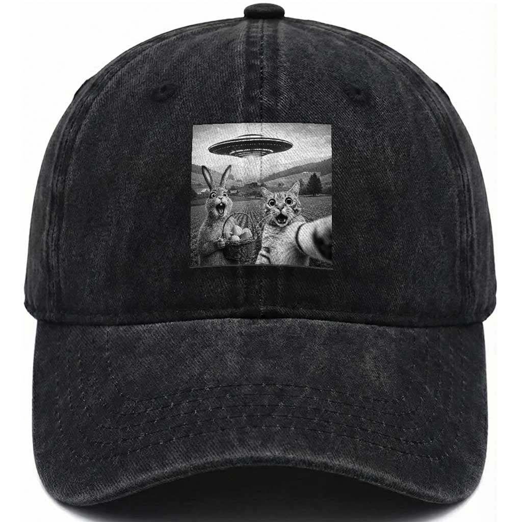 Funny Easter Washed Cotton Baseball Cap Christian Cat Selfie Bunny Meme TS14 Washed Cap Universal Fit Black Print Your Wear