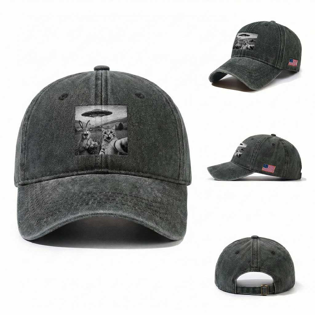 Funny Easter Washed Cotton Baseball Cap Christian Cat Selfie Bunny Meme TS14 Washed Cap Universal Fit Dark Green Print Your Wear